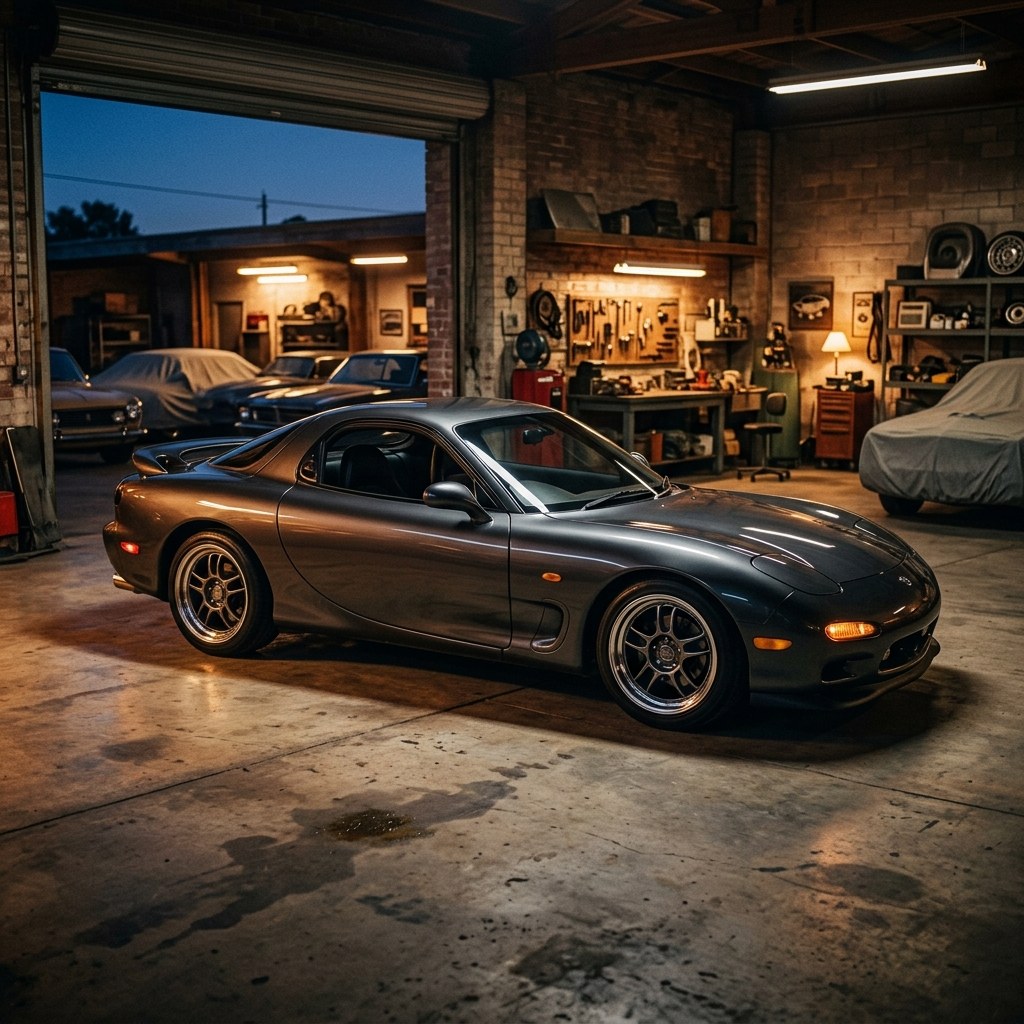 A photograph developed in RawRoom: a coupe in a garage at dusk, graded through a warm film look, shown at full quality.